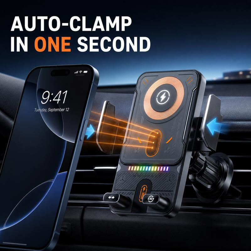 Quriov Wireless Car Charger Mount, Auto-Clamping Phone Holder with 90° Rotation, Air Vent Car Phone Mount for Navigation