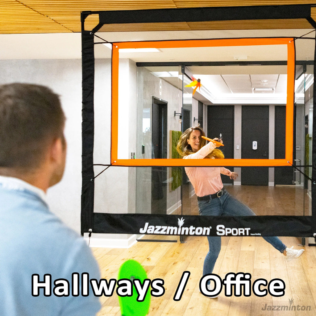 Jazzminton Sport breaks the mold, play indoors or out, no court required. Bring the action to you, set up in minutes and let the rallies fly!